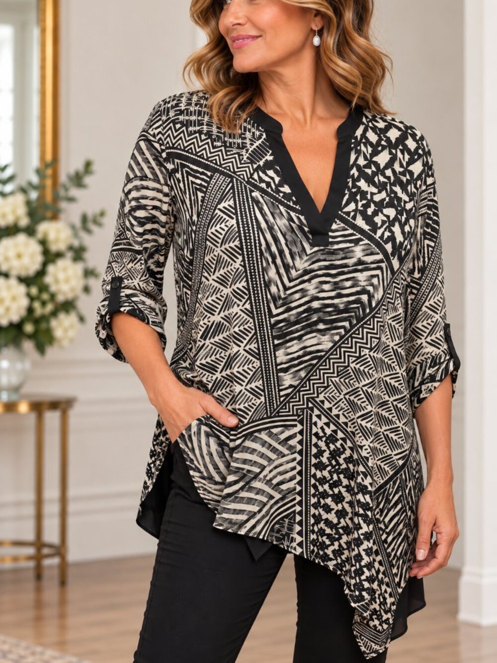 Chicos Size 3 Tunic Blouse Top Black White Asymmetrical Hem Artsy Geometric Xl